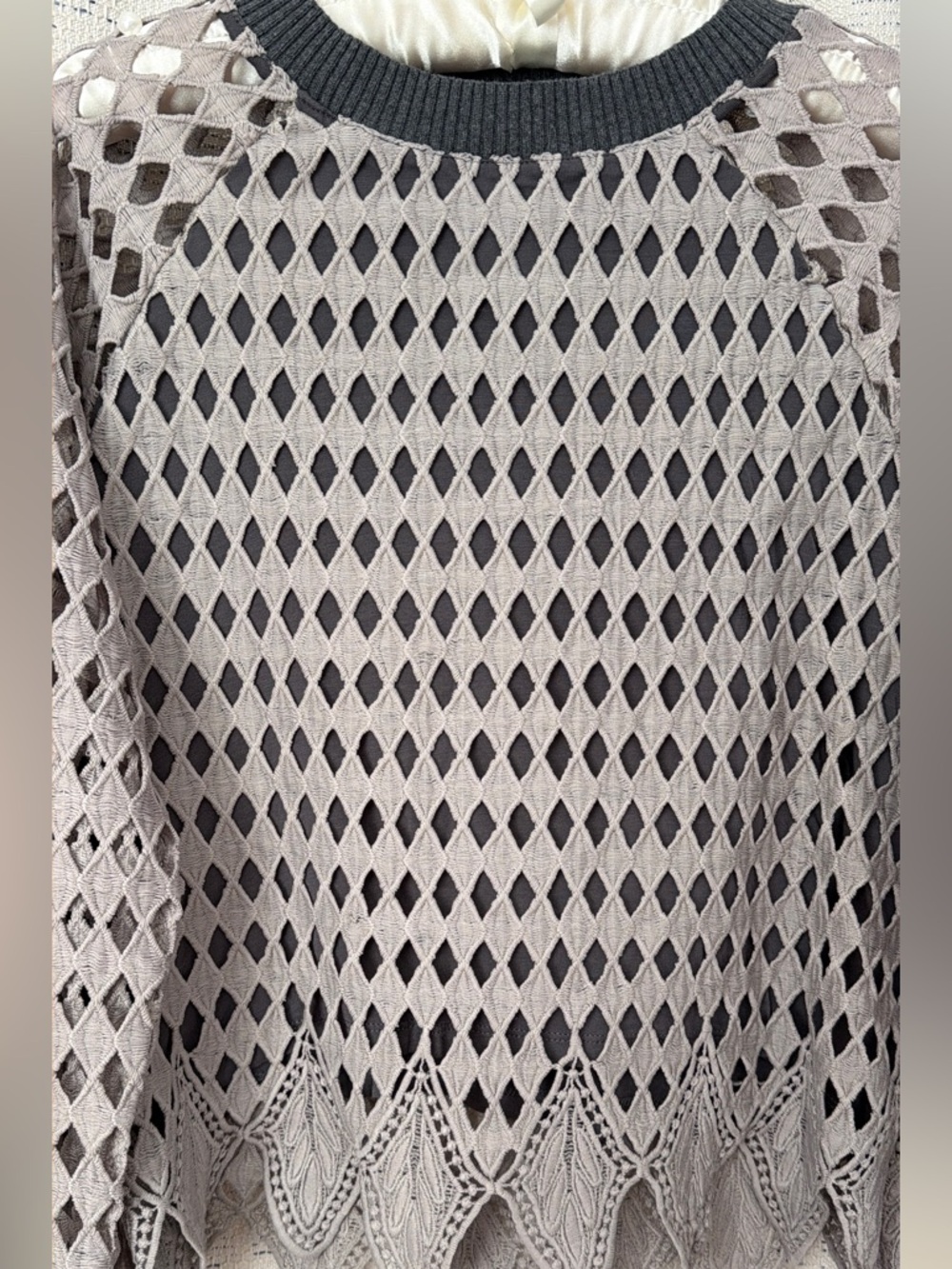 Zara Open-Knit Scoop-Neck Sweater in Gray with Charcoal Trim - Picture 4 of 4